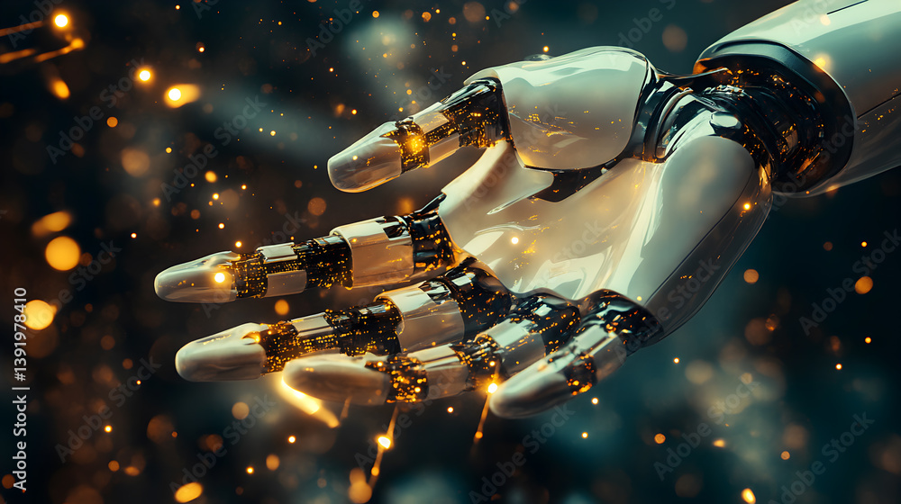 Poster futuristic robot arm in a dynamic and techy setting, exuding technological advancement and innovatio