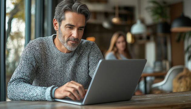 Mature Man Working on Laptop in a Cafe - Powered by Adobe