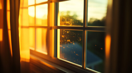 Fototapeta premium Golden sunset view through a window with curtains