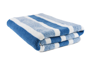 Carefully folded soft striped bath blue towel isolated on white, transparent background. Terry...