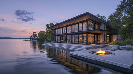 Fototapeta premium Modern lakeside house with glass walls and fire pit at sunset