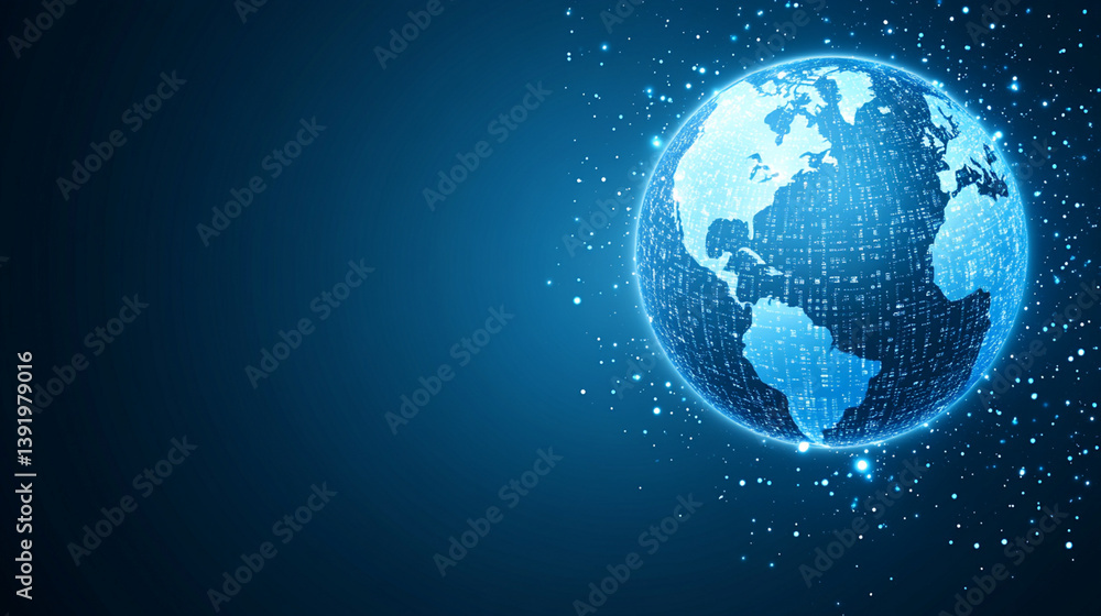Poster global digital connectivity world map in a futuristic design data visualization blue background