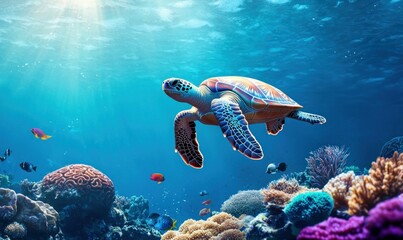 Obraz premium A beautiful sea turtle gracefully swims through a vibrant coral reef under shimmering sunlight.