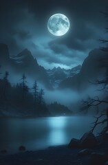 Mystical Forest Lake Under a Bright Full Moon and Cloudy Sky Phone Wallpaper

