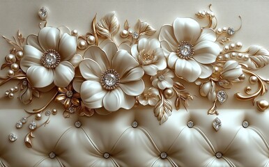 Elegant Pearl White Flowers, Gold Leaves, Rhinestones on Button Tufted Upholstery Style