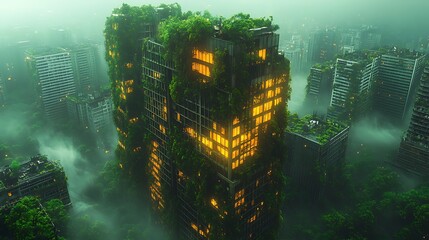 Obraz premium Giant skyscraper engulfed in thick green foliage high resolution picture