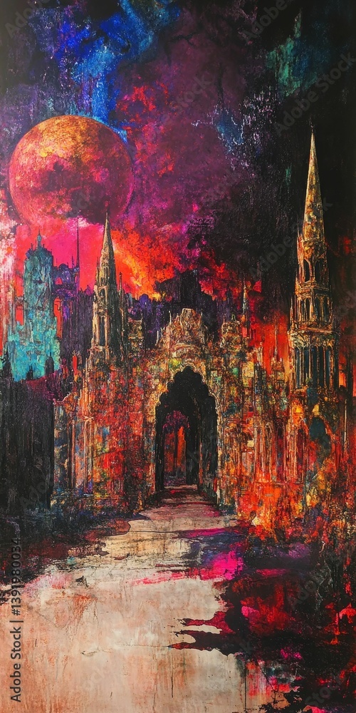 Poster artistic depiction of a building with an archway and a tower at night.
