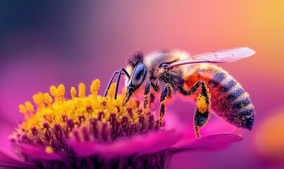 Fototapeta premium A honeybee covered in pollen gathers nectar from a vibrant flower with striking colors and details.