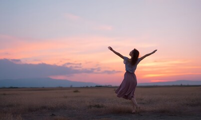 Obraz premium Asian woman dancing in an open field at sunset, Generative AI