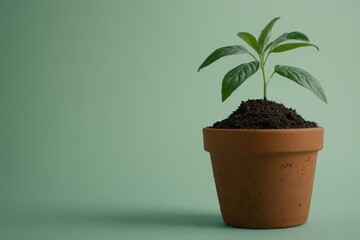 Fototapeta premium A young green plant sprouting out of a terracotta flower pot