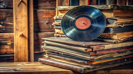 A stack of worn, leather-bound records with dust accumulation and faded labels on a wooden shelf display, music memorabilia, vintage vinyl