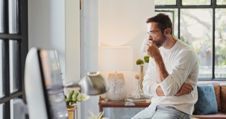 Remote work from home, thinking and man with ideas, contemplation and problem solving. Person, freelancer and creative writer in lounge, computer or review with decision, choice and thoughtful