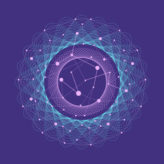 Abstract blue flower fractal circles background for quantum global data integration, pink connected dots, sphere lines outline wireframe, technology, AI data, energy vibration in space wallpaper