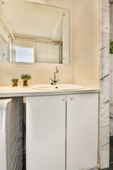 A serene minimalist bathroom featuring a clean sink area with a mirror and small potted plants on a vanity, enhancing the ambiance of relaxation and tranquility.