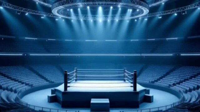 An empty large boxing arena showcasing rows of seats and illuminated blue spotlights highlights in boxing ring in the center