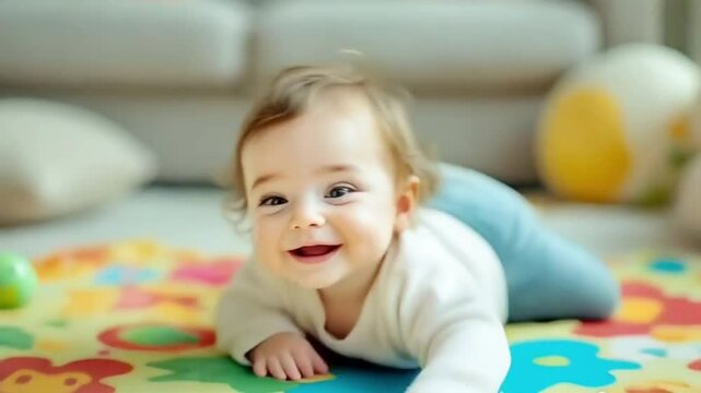 A smiling baby crawling on a playmat in living room 