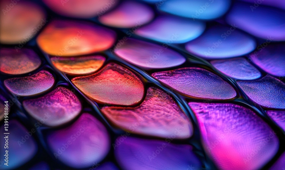 Poster a beautifully textured scale pattern shines with iridescent colors like orange, purple, and blue in 
