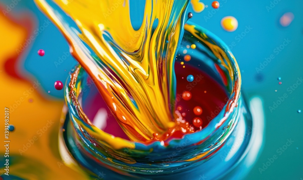 Poster vibrant yellow paint gracefully cascades into a waiting container, creating a dynamic splash of colo