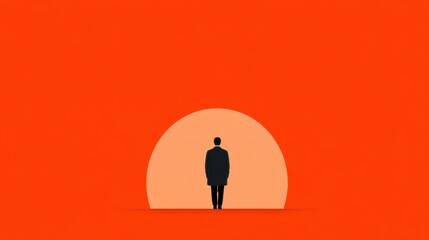 Silhouette Walking Towards Orange Circle on Red Background