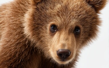Obraz premium A close-up portrait of a brown bear cub looking curious, pure white background
