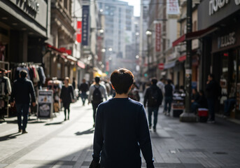 Person walking in a busy city street with shops, buildings and people - Urban life concept.