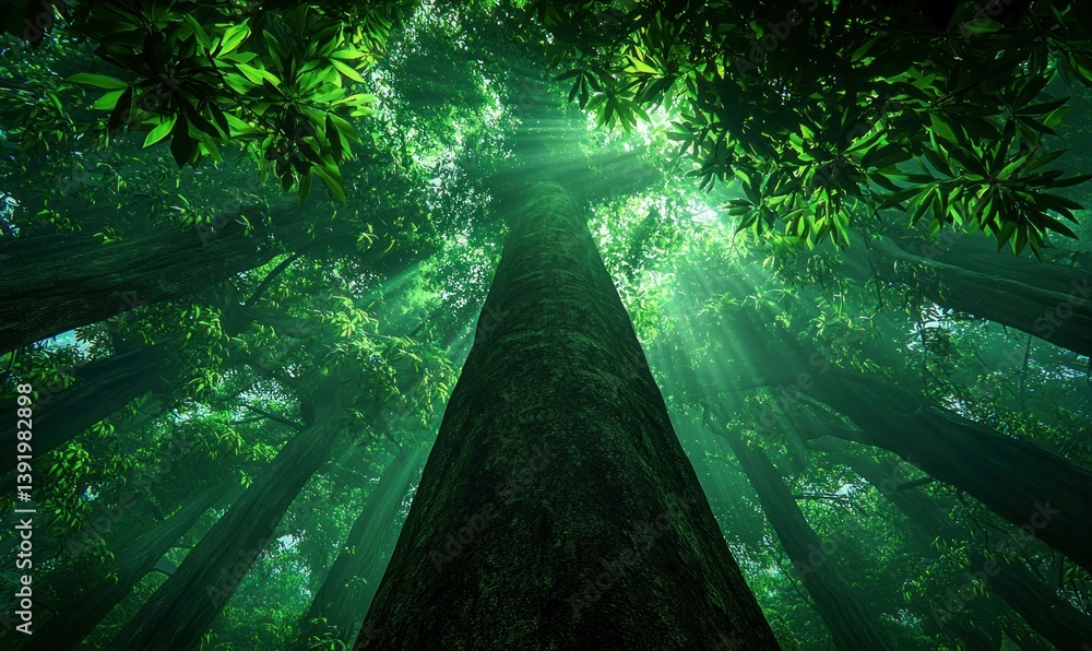 Aufkleber sunlight filters through the canopy of tall trees in a serene and green forest setting.