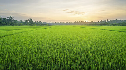 Fototapeta premium lush green rice field stretches into horizon under serene sky