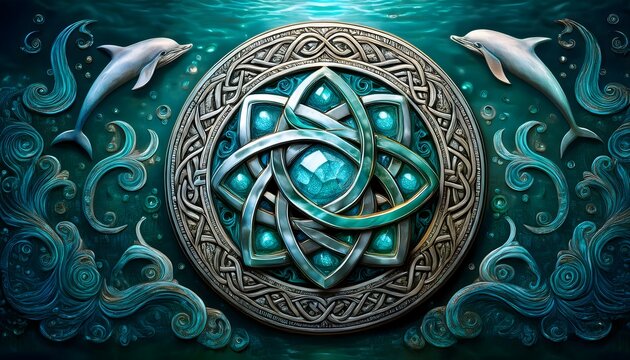 Celtic shield with triquetra and sea creature motifs