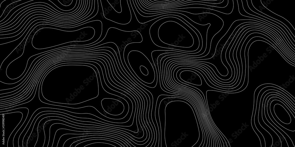 Poster white lines abstract wave on black background topographic canyon map mountain relief texture, abstra