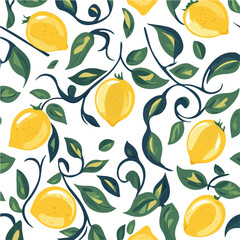 A simple flat 2D vector seamless pattern, Sicilian ceramic style tile with traditional Italian lemons and antique motifs on a white background, vector design