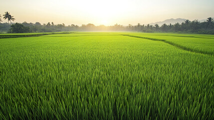 Fototapeta premium lush green rice field stretches into horizon under warm sunrise