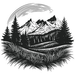 Detailed Black and White Mountain Landscape with Forest and Sky