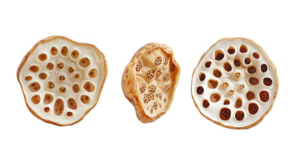 Fototapeta premium Pack of Lotus Root set of Three Different Poses set Against Transparent Background for Culinary, Health, or Nature Promotion Projects