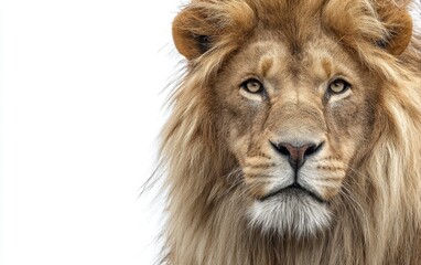 Fototapeta premium A close-up portrait of a majestic lion with golden mane, pure white background