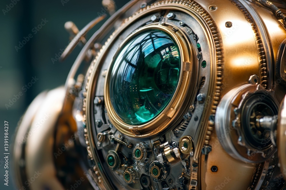 Aufkleber close-up of a steampunk style mechanical object with intricate gears and a lens.