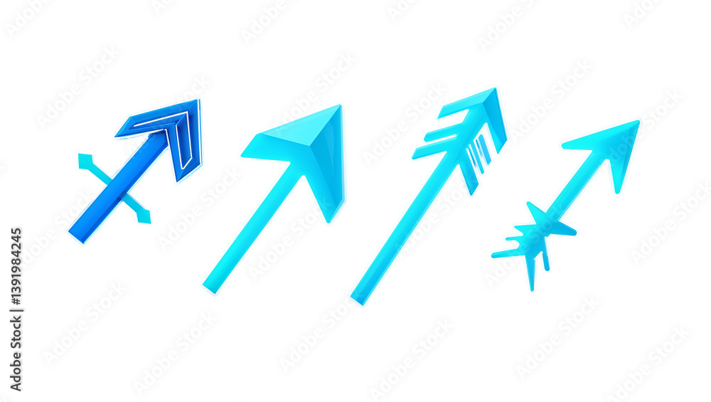 Poster a set of distinct glowing blue arrows with neon light effect, isolated on transparent background for