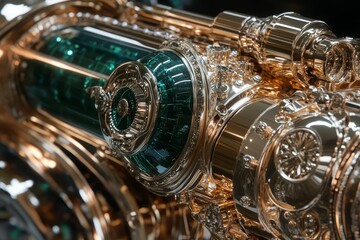 Detailed close-up of metallic machinery with a green liquid filled cylinder.