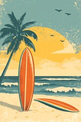 A beach scene featuring surfboards and palm trees at sunset