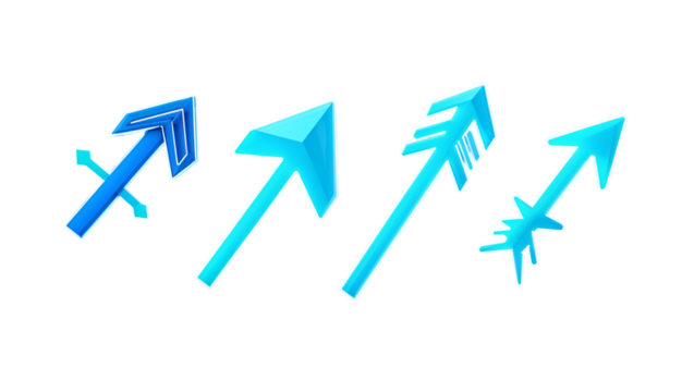 A set of distinct glowing blue arrows with neon light effect, isolated on transparent background for digital and tech interface design
