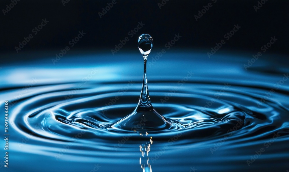 Poster a captivating close-up captures a solitary water drop creating concentric ripples in a tranquil blue