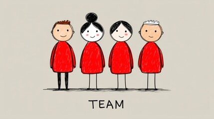 Simple Cartoon Illustration of a Team Four Red Shirted Figures in Beige Background