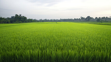 Obraz premium lush green rice field stretches into horizon under cloudy sky