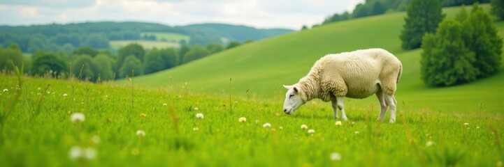 Sheep grazing in green meadow , grassland, farm