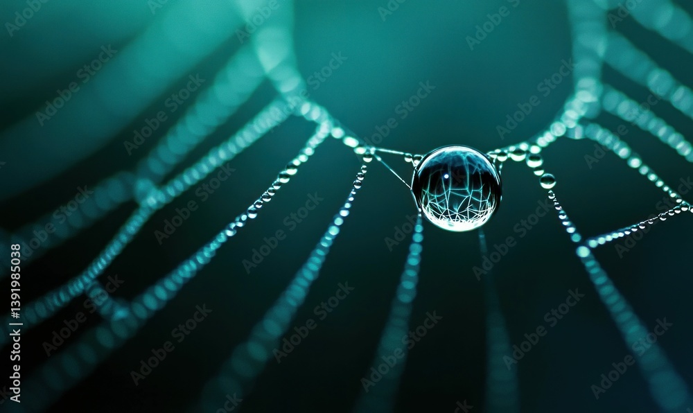 Poster sparkling dewdrops cling to a delicate spiderweb, creating a mesmerizing display of nature's artistr