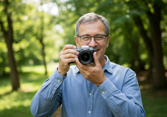 Smiling Photographer with Camera in Park Hobby, Nature Photography, Outdoor Portrait.