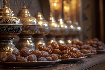 Ajwa dates are neatly arranged in front, against a background of Islamic lamp holders that are delicately artistic in every element full of meaning and beauty