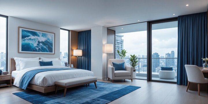 AI-integrated guest room in ocean blue, with smart beds that adjust to each guest's preferences, offering personalized comfort, and interactive