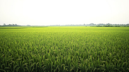 Fototapeta premium lush green rice field stretches into horizon under bright sky