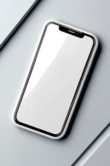 A white smartphone with a white screen sitting on top of a table