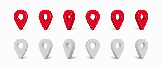 Shiny red and grey realistic map pointers vector set in various angles. Realistic location map pin gps pointer markers. Map pointer 3d pin. Vector illustration for destination